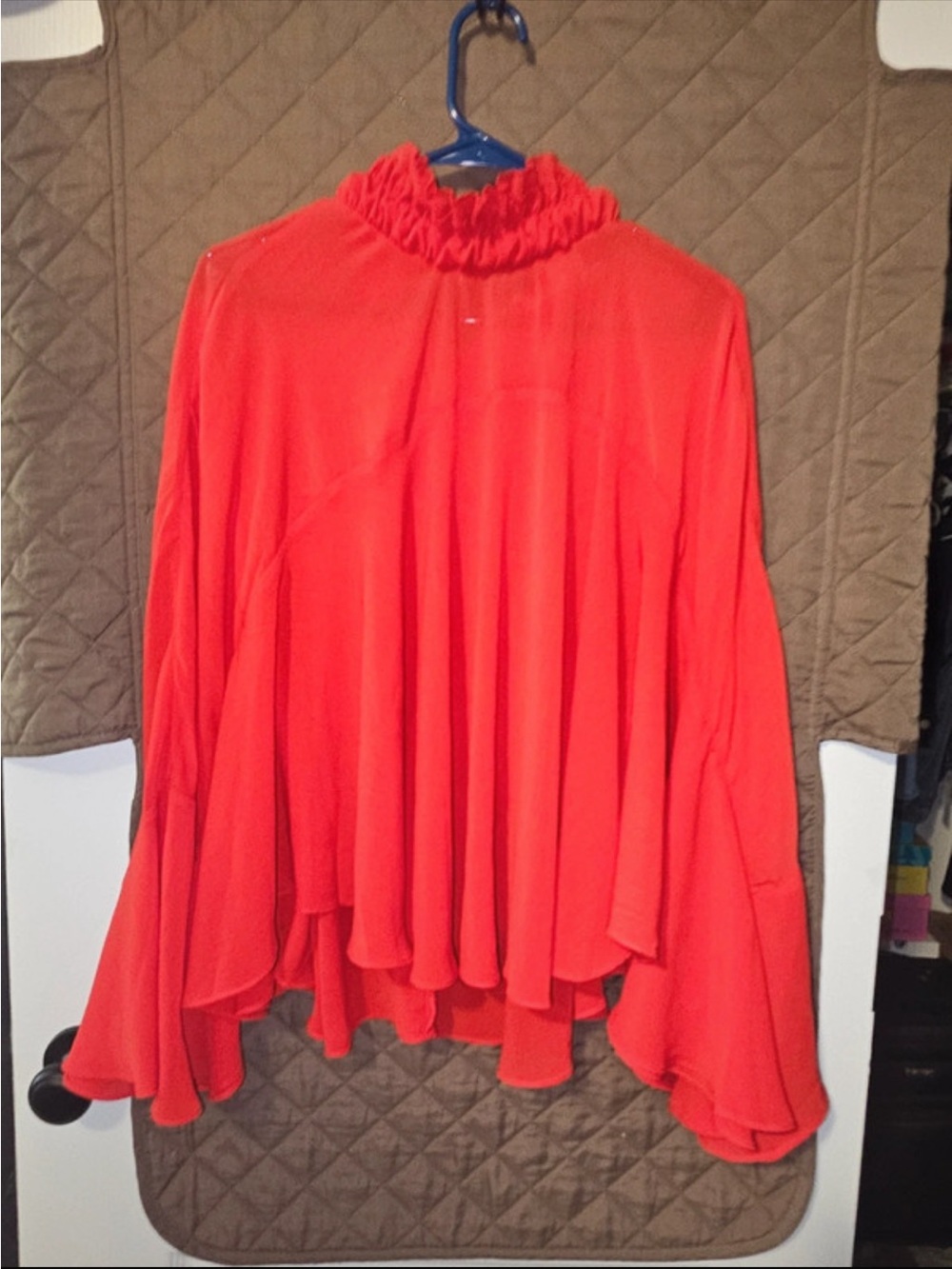 Good Luck Gem Bright Red pool Ruffled Mock Neck Blouse